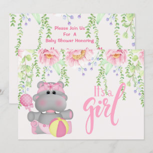 Het is een Girl Hippo Floral Baby shower nodiging Kaart