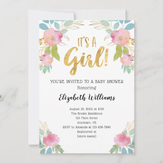 Het is een Girl Pink Blauwgroen Gold Waterverf Bab Kaart (Voorkant)