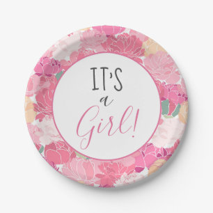 Het is een Girl Pink Floral Pattern Baby shower Papieren Bordje