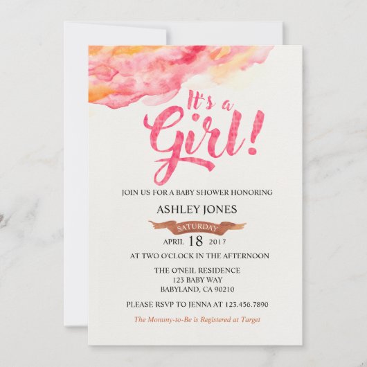 Het is een Girl Pink Waterverf Baby shower-uitnodi Kaart (Voorkant)