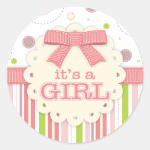 Het is een Girl Pinks & Green Stitches Baby shower Ronde Sticker