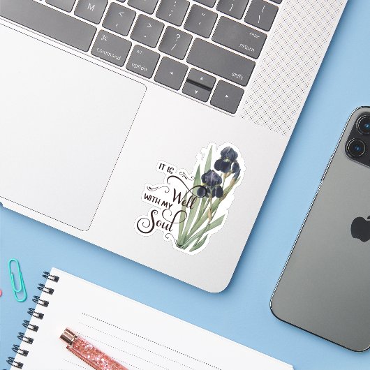 Het is een goed paarse irissticker sticker (Laptop met iPhone)