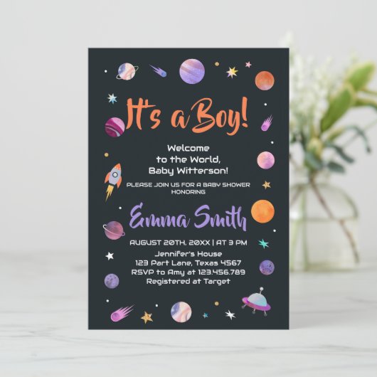 Het is een Jong Planeten Outer Space Baby Shower Kaart (Staand voorkant)