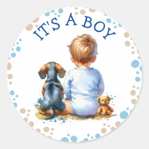 Het is een jongen Baby en Teckel Puppy Baby show Ronde Sticker