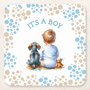 Het is een jongen   Baby en Teckel Puppy Baby show Vierkante Kartonnen Onderzetter