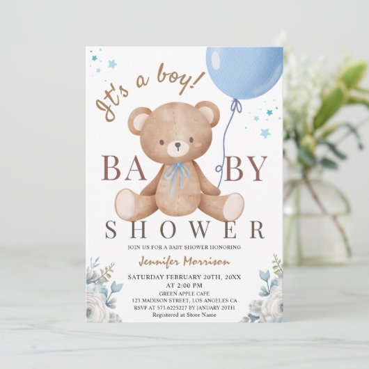 Het is een jongen | Baby shower teddybeer blauwe b Kaart (Staand voorkant)