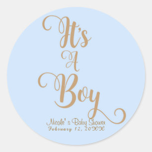 Het is een jongen babyfeestje blauw & goud aangepa ronde sticker