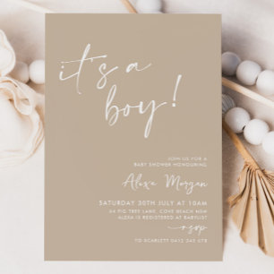 Het is een jongen! Beige minimaal Baby shower Kaart