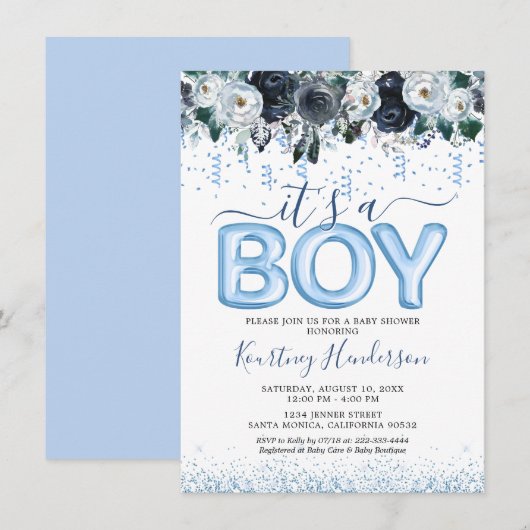 Het is een jongen Blauw bloemenkind babyshower uit Kaart (Voorkant / Achterkant)