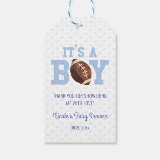 Het is een jongen! Blauw Footballs Baby shower Cadeaulabel (Achterkant)
