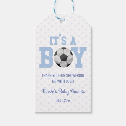 Het is een jongen! Blauw Voetbal Baby shower Cadeaulabel (Voorkant)