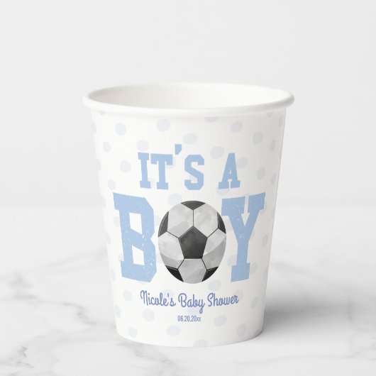 Het is een jongen! Blauw Voetbal Baby shower Papieren Bekers (Achterkant)