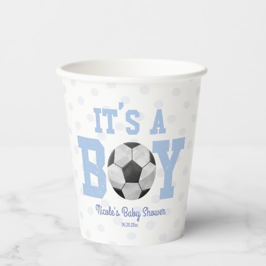 Het is een jongen! Blauw Voetbal Baby shower Papieren Bekers (Voorkant)