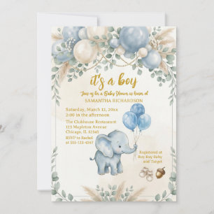 Het is een jongen blauwe ballon schattige olifant kaart