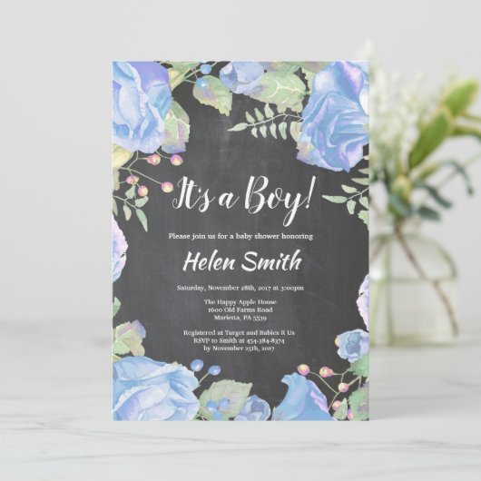 Het is een jongen Blauwe bloemige babyshower krijt Kaart (Staand voorkant)