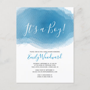 Het is een Jongen! Blauwe Waterverf Baby Shower Uitnodiging Briefkaart