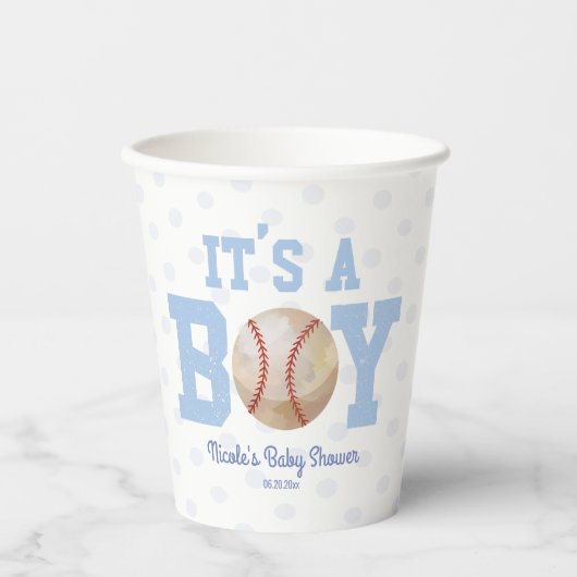 Het is een jongen! Blue Baseball Baby shower Papieren Bekers (Voorkant)
