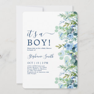 Het is een Jongen Blue Floral Baby shower uitnodig Kaart