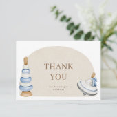 Het is een jongen boho blokken en speelgoed boeken bedankkaart (Staand voorkant)