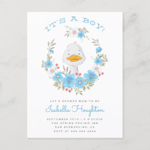 Het is een jongen! Duck & Blue Floral Krans Baby s Uitnodiging Briefkaart