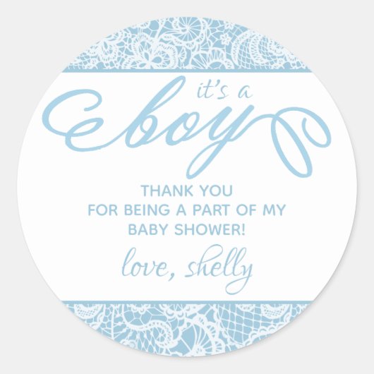Het is een jongen! Fancy blauw en wit Baby shower Ronde Sticker (Voorkant)