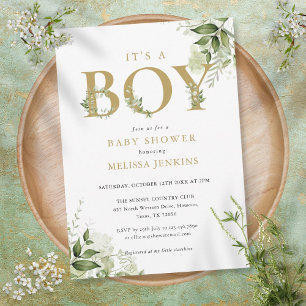 Het is een jongen groen bladgoud letter baby showe kaart