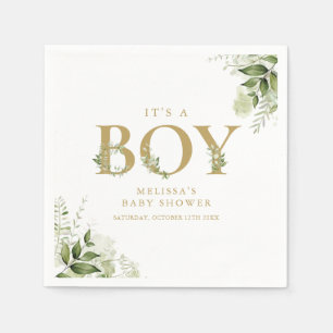 Het is een jongen groen bladgoud letter baby showe servet