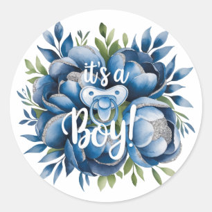 Het is een jongen! Painted Pacifier & Peonies Baby Ronde Sticker