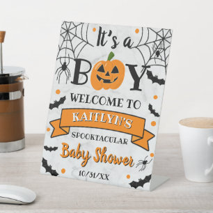"Het is een jongen" Pumpkin Halloween Baby shower Reclamebord Met Voetstuk
