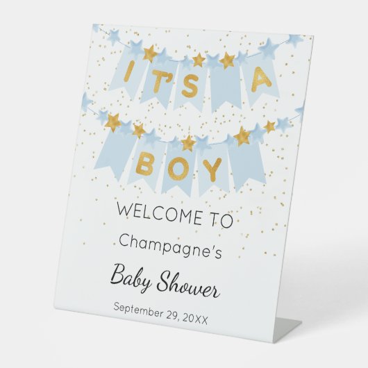 Het is een jongen Roze vaantjes Baby Shower Welkom Reclamebord Met Voetstuk (Voorkant)