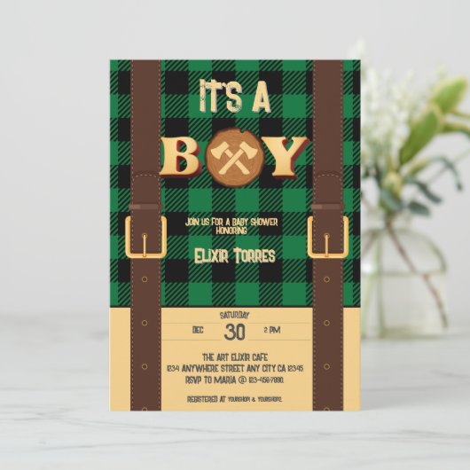 Het is een jongen Rustic Lumberjack Flannel Baby s Kaart (Staand voorkant)
