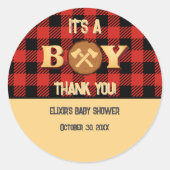 Het is een jongen Rustic Lumberjack Flannel Baby s Ronde Sticker (Voorkant)