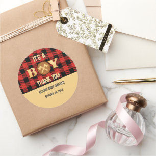 Het is een jongen Rustic Lumberjack Flannel Baby s Ronde Sticker