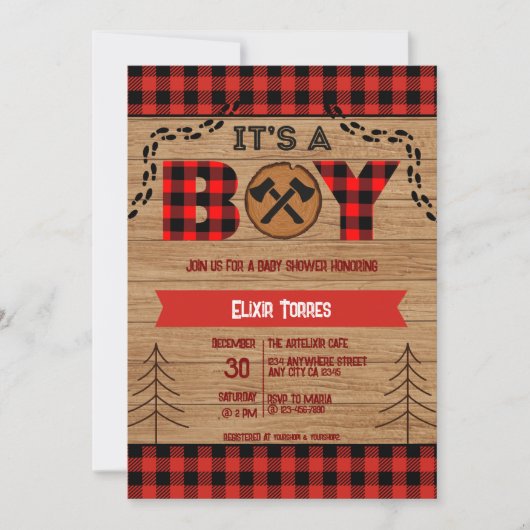 Het is een jongen Rustic Wood Plaid Baby shower Kaart (Voorkant)