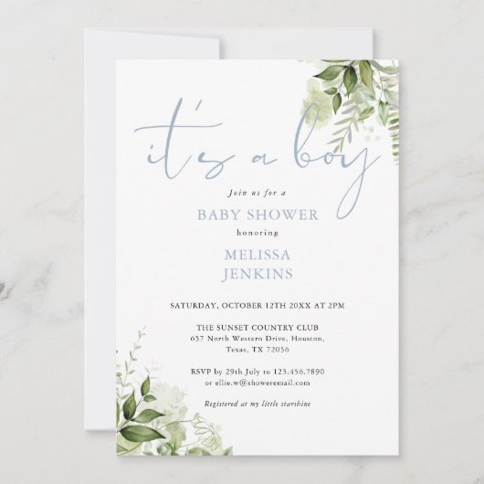 Het is een jongen Stof Blauw Groene Baby Shower Kaart (Voorkant)