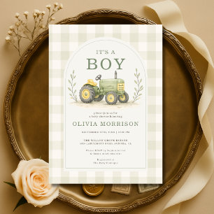 Het is een jongen Tractor Gingham Baby Shower Kaart