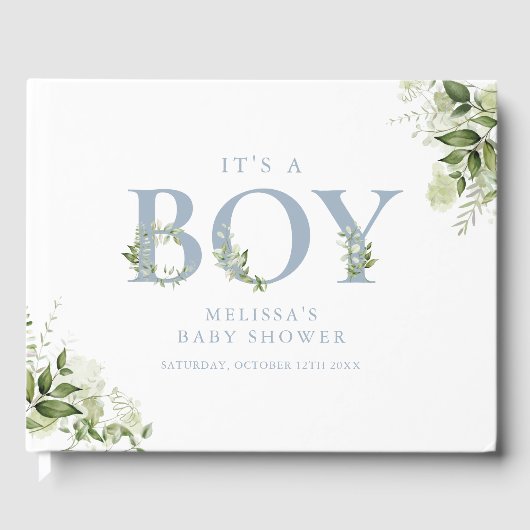 Het is een jongens baby shower met stoffig blauwe gastenboek (Voorkant)