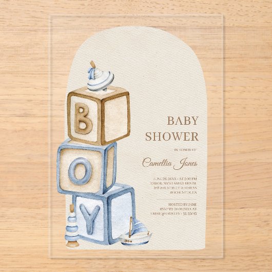 Het is een jongensblauw Boho-blokken en speelgoed- Acryl Uitnodigingen (Voorkant)