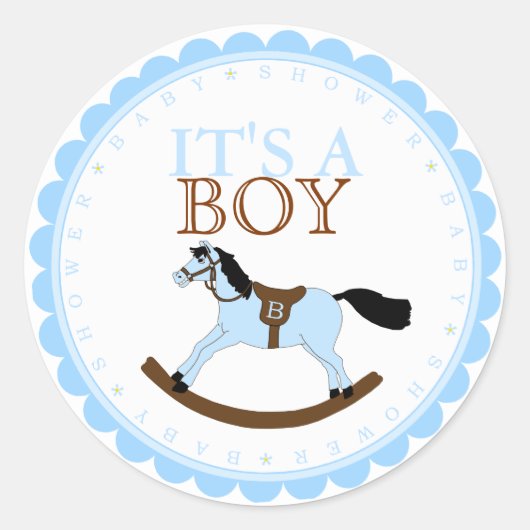 Het is een jongensblauw schommelpaard ronde sticker (Voorkant)