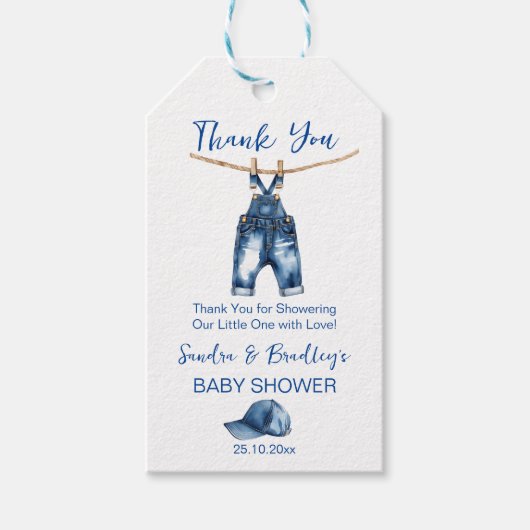Het is een jongensblauw spijkerbroek baby shower g cadeaulabel (Voorkant)