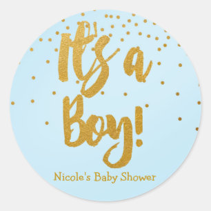 Het is een JONGETJE Lichtblauw & Goud Confetti Sti Ronde Sticker