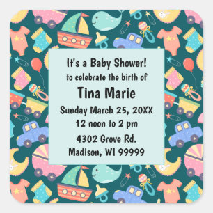 Het is een kleurrijk Baby shower Dark Save the Dat Vierkante Sticker