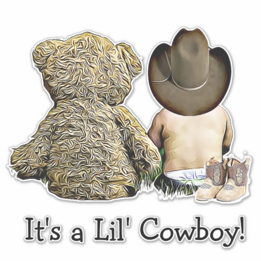 Het is een Lil Cowboy Teddy Baby shower Sticker (Voorkant)