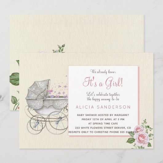 Het is een meisje baby koets douchefeest kaart (Voorkant / Achterkant)