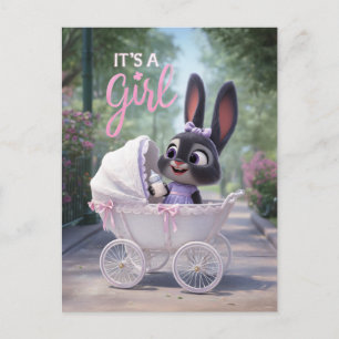 Het is een meisje: baby konijn in roze wandelwagen aankondigingskaart