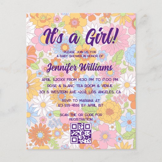 Het is een meisje baby shower retro bloemenuitnodi (Voorkant)