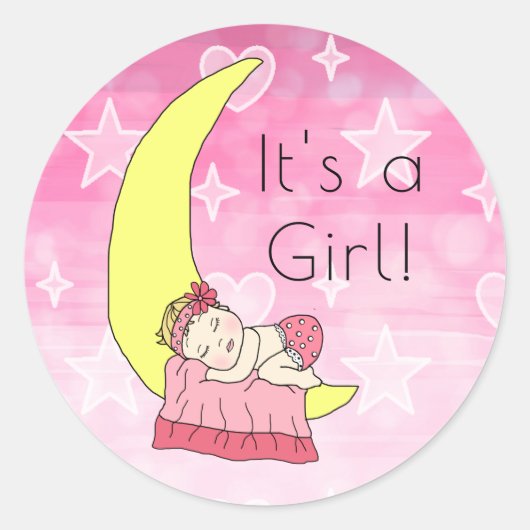 Het is een meisje, babymeisje op roze maan ronde sticker (Voorkant)