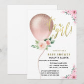 Het is een meisje! Ballon Roze Bloem Feest Kaart (Voorkant / Achterkant)