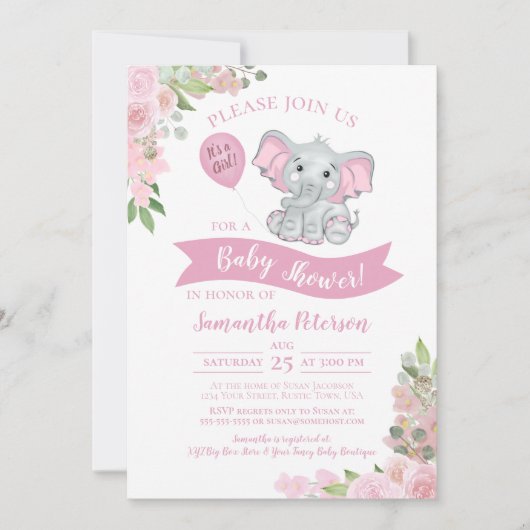 Het is een meisje! Cute Elephant Pink Floral Baby  Kaart (Voorkant)