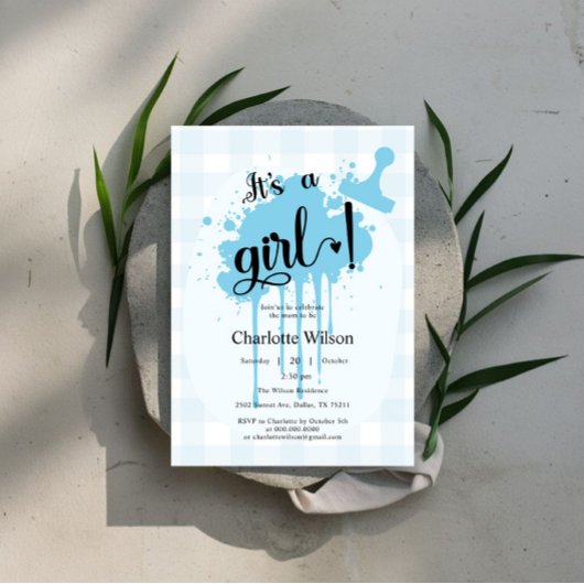 Het is een meisje Cute Pastel Blauwe Gingham Baby Kaart